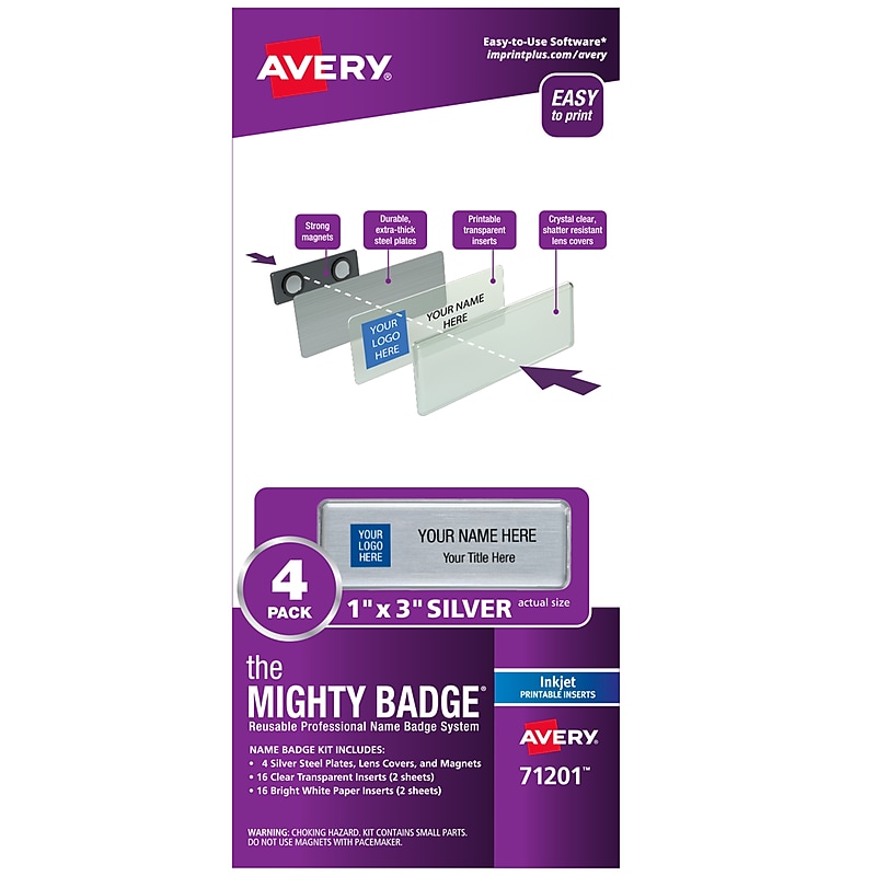 Avery The Mighty Badge Inkjet Reusable Magnetic Name Badge System, 1" x 3", Silver, 32 Inserts, 4/Pack (71201) image 1