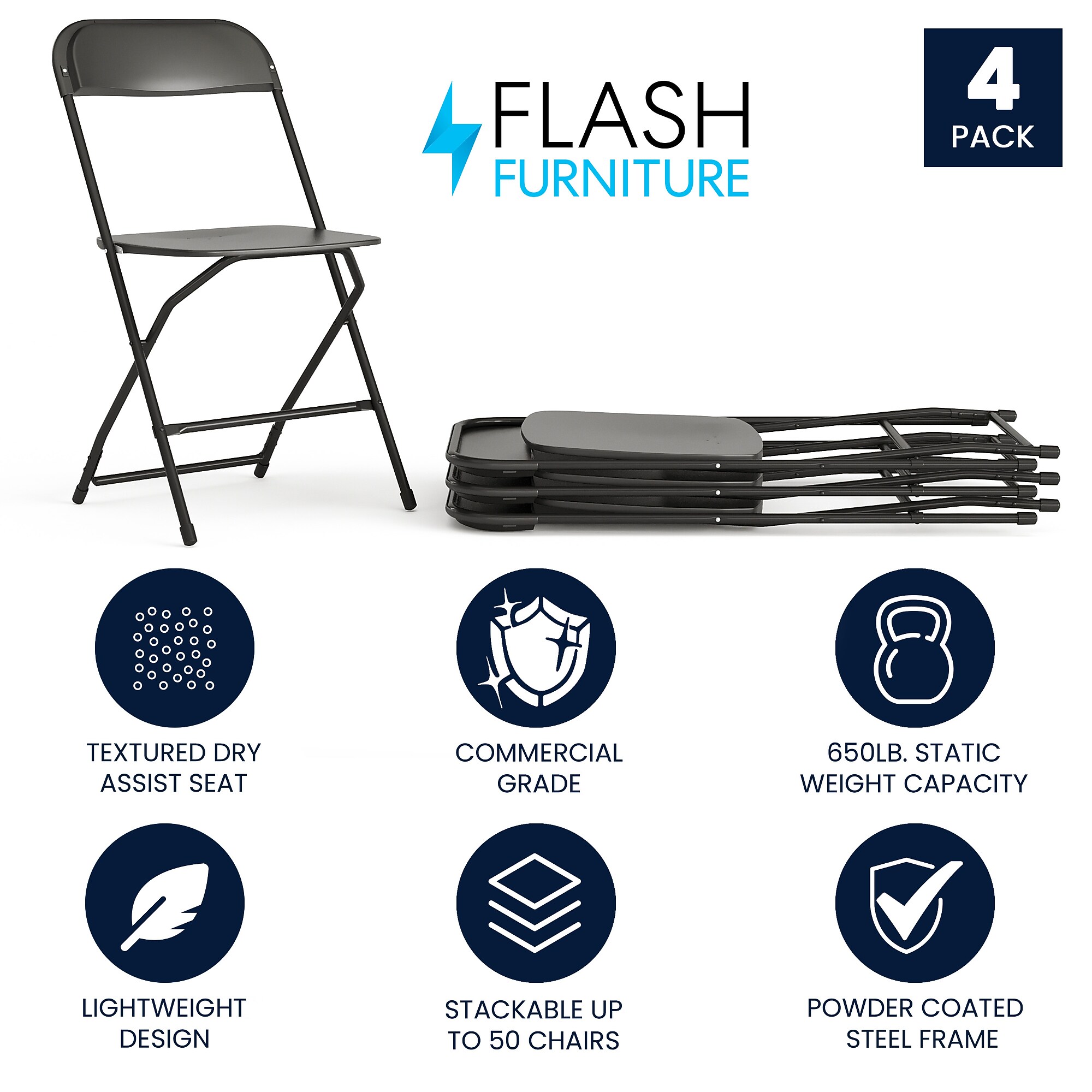 Flash Furniture HERCULES Plastic Folding Chair, Black, 4/Pack (4LEL3BLACK) Sansujyuku sansujyuku.com