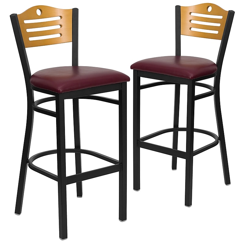 Flash Furniture HERCULES Traditional Metal Slat Back Barstool, Black/Natural Wood/Burgundy, 2-Pieces/Pack (2XU6H3BSLTBBGV) image 1
