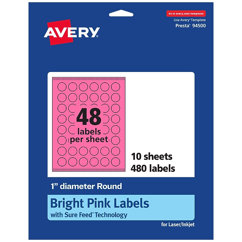 Avery Laser/Inkjet Round Multipurpose Labels, 1" Dia., Bright Pink, 480/Pack (94500) image 1