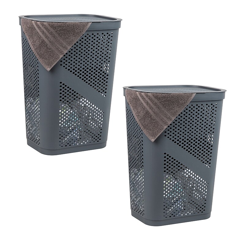 Mind Reader 15.85-Gallon Slim Laundry Hamper with Lid, Plastic, Gray, 2/Set (2HBIN60-GRY) image 1