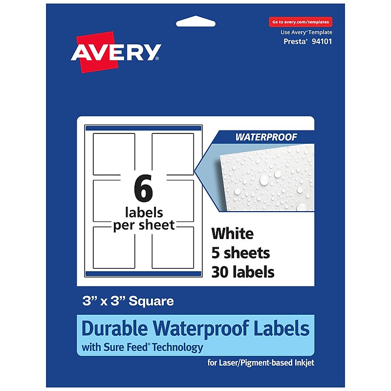 Avery Laser/Inkjet Square Multipurpose Labels, 3" x 3", White, 30 Labels/Pack  (94101) image 1