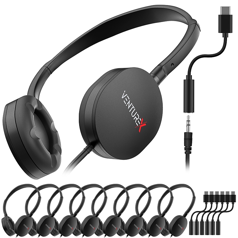 VentureX K22 Stereo Kids Learning Phone & Computer Headphone, 3.5mm & USB-C Adapter, Black, 50/Pack (VHPK22BD1M50) image 1