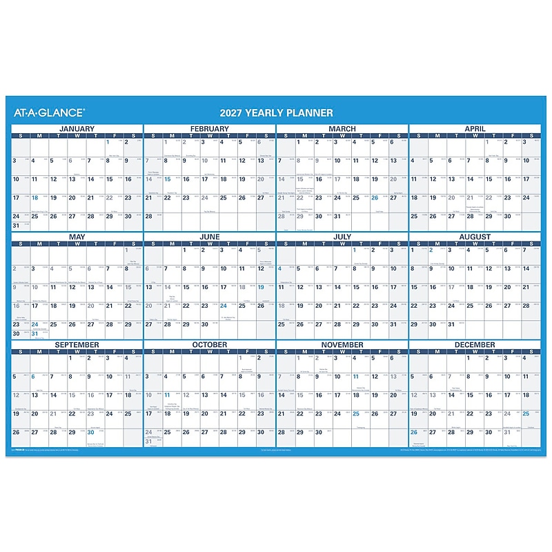 2027 AT-A-GLANCE 48" x 32" Yearly Wet-Erase Wall Calendar, Reversible, White/Blue (PM300-28-27) image 1
