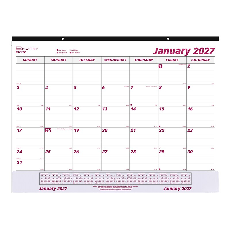 2027 Brownline 22" x 17" Monthly Desk Pad Calendar, White/Burgundy (C1731V-27) image 1