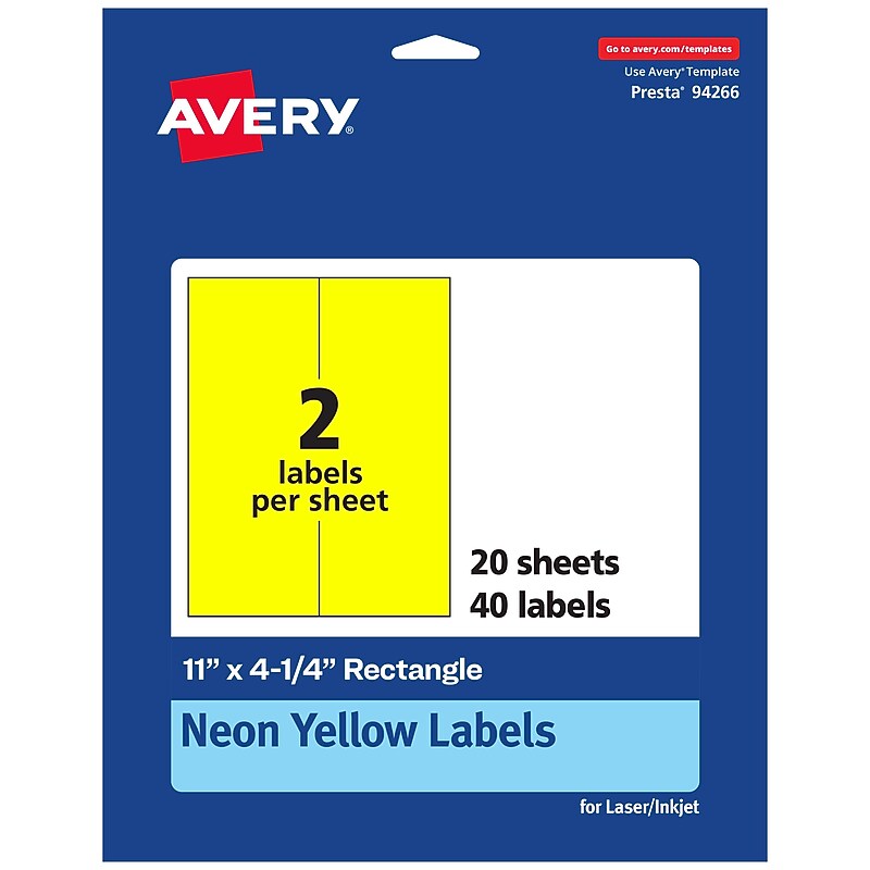 Avery Rectangle Multipurpose Labels, 11" x 4.25", Neon Yellow, 40/Pack (94266) image 1