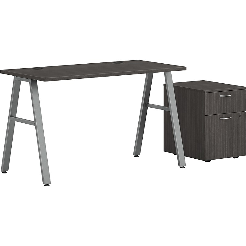HON Mod 48"W Table Desk with Mobile Storage, Slate Teak (HLPL4824BFTM1ALEGSLV) image 1