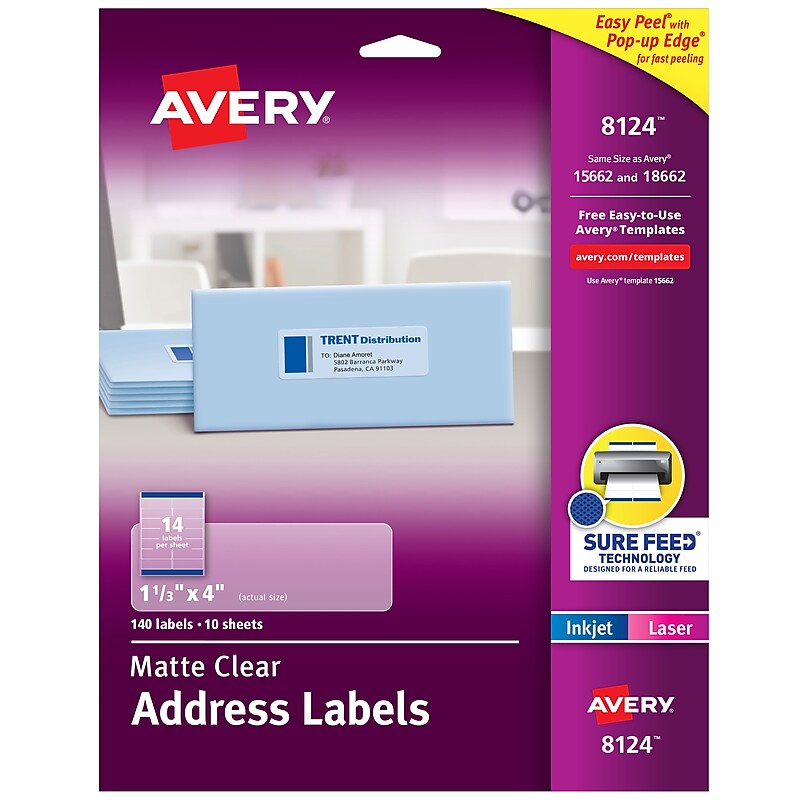 Avery Laser/Inkjet Address Labels, 1-1/3" x 4", Matte Clear, 140 Labels/Pack (8124) image 1