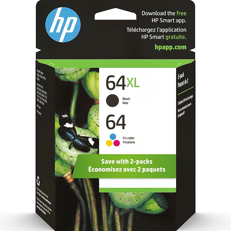 HP 64XL/64 Black High Yield and Tri-Color Standard Yield Ink Cartridges, 2/Pack (3YP23AN#140) image 1