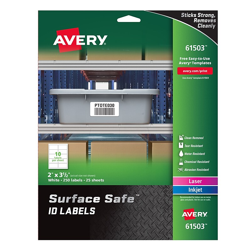 Avery Surface Safe Laser/Inkjet ID Labels, 2" x 3 1/2", White, 250 Labels/Pack (61503) image 1
