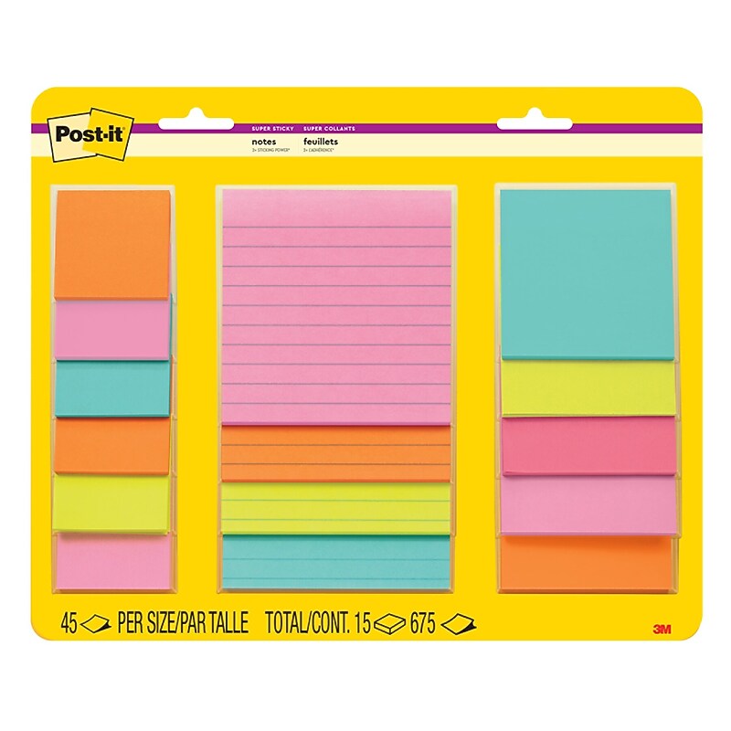 Post-it Super Sticky Notes, Assorted Sizes, Supernova Neons Collection, 45 Sheets/Pad, 15 Pads/Pack (4622-SSMIA) image 1