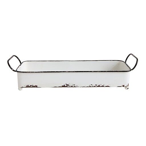 Storied Home Decorative Metal Tray with Distressed Finish, White