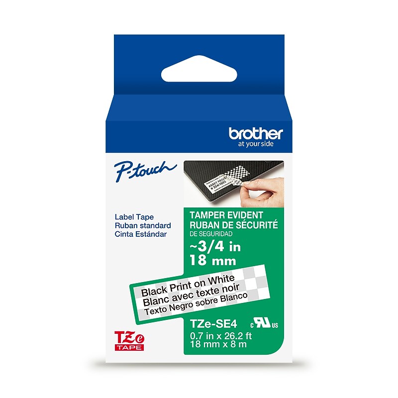 Brother P-touch Tamper-Evident Laminated Label Tape, 3/4" x 26.2', Black on White (TZeSE4) image 1