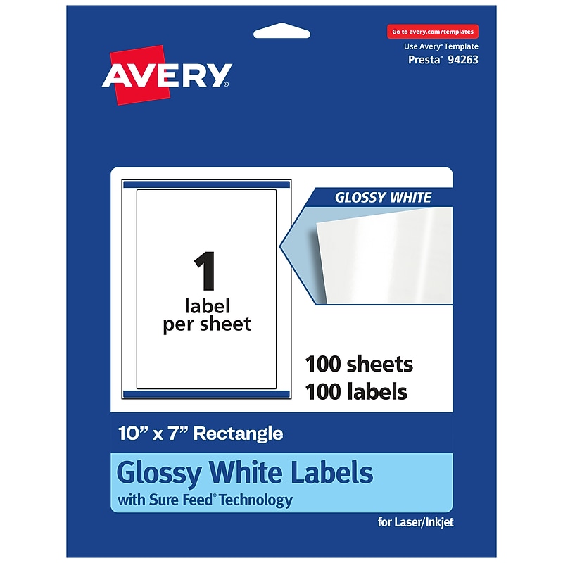 Avery Laser/Inkjet Rectangle Multipurpose Labels, 7"  x 10", Glossy White, 100/Box (94263) image 1