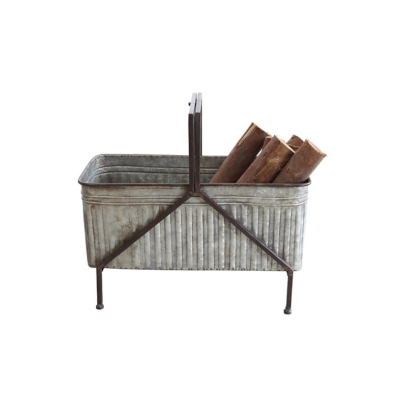 Storied Home Galvanized Metal Storage Bucket on Stand with Handle and Distressed Finish, (DA6093) image 1