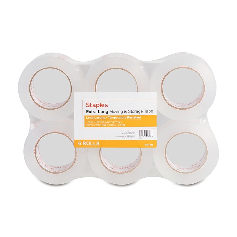 Staples® Extra-Long Moving and Storage Packing Tape, 1.88"W x 109 yds., Clear, 6 Rolls (52208/ST-A26-L6) image 1