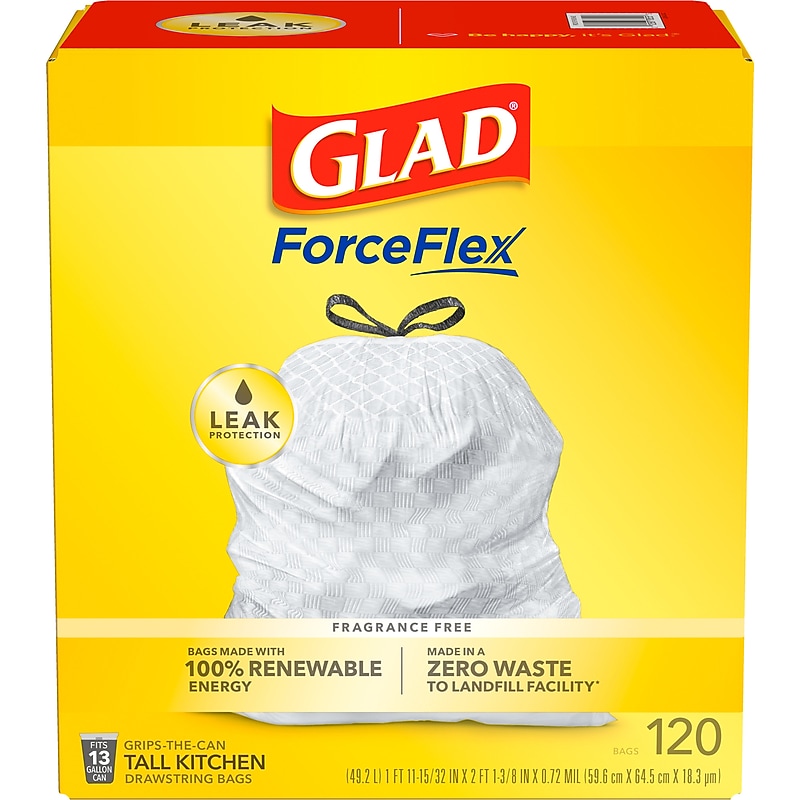 Glad ForceFlex Tall 13 Gallon Kitchen Drawstring Trash Bags, White, 120/Box (78939) image 1