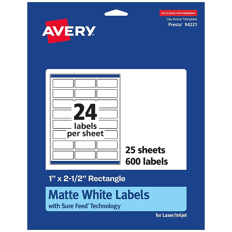 Avery Laser/Inkjet Rectangle Multipurpose Labels, 1" x 2.5", White, 600 Labels/Pack (94221) image 1