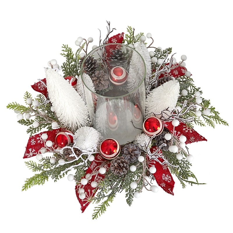 Nearly Natural Artificial Holiday Lighted Forest Candle Holder Table Christmas Arrangement, 15" (A1839) image 1