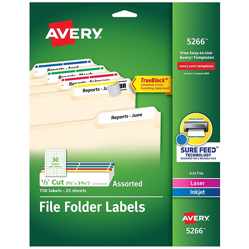 Avery TrueBlock Laser/Inkjet File Folder Labels, 2/3" x 3-7/16", Assorted Colors, 750 Labels/Pack (5266) image 1