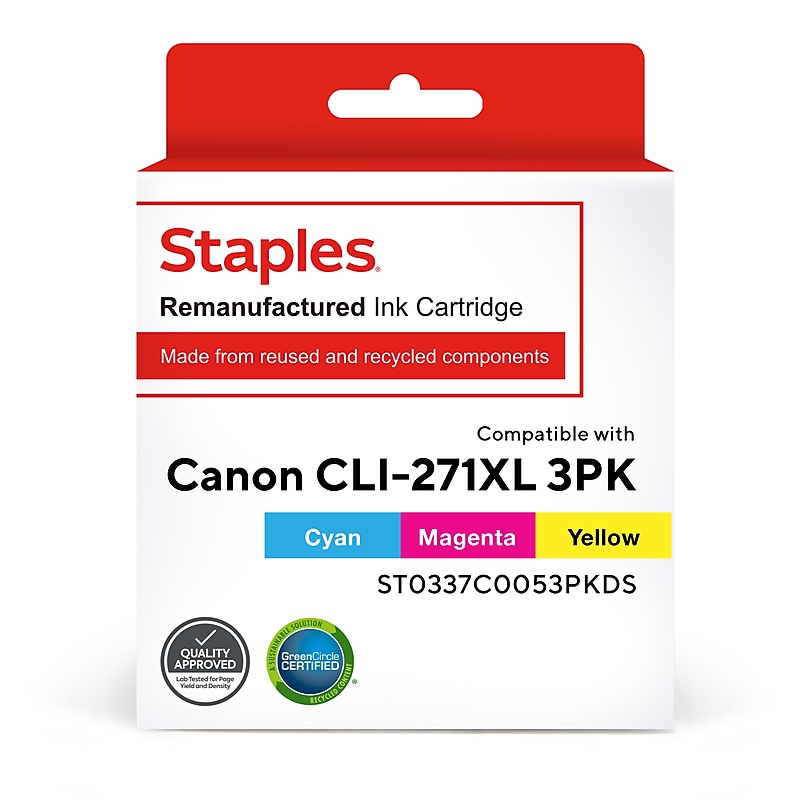 Staples Remanufactured Cyan, Magenta, Yellow Ink Cartridges Replacements for Canon CLI-271XL (0337C005), 3-Pack image 1