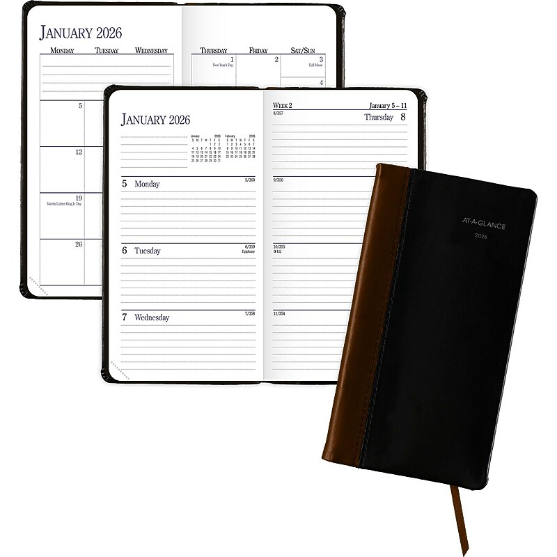 2026 AT-A-GLANCE Fine Diary 3" x 6" Calendar Year Weekly & Monthly Planner, Faux Leather Cover, Black/Brown (74-02-05-26) image 1
