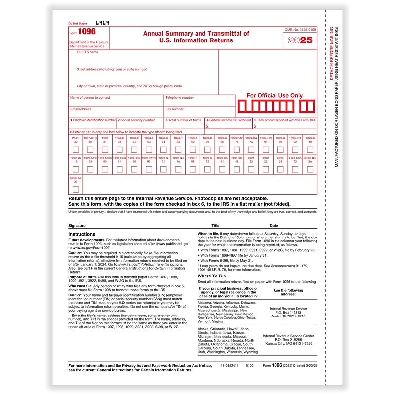 ComplyRight 2025 1096 Tax Form, 1-Part, Transmittal, 25/Pack (510025) image 1