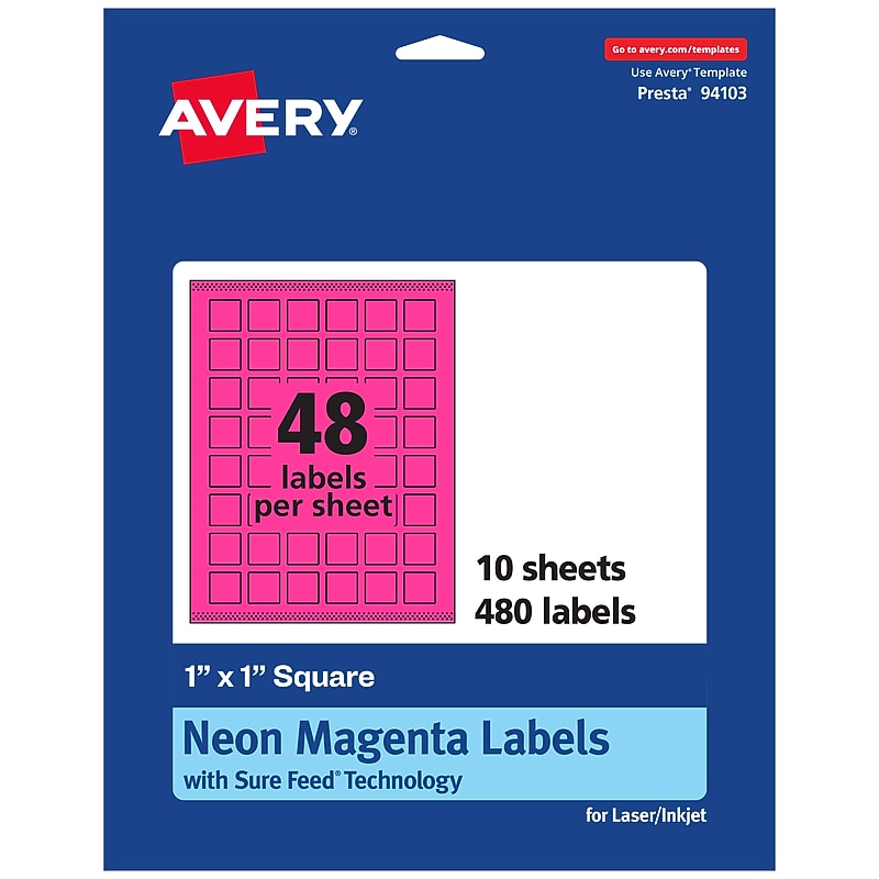 Avery Laser/Inkjet Square Multipurpose Labels, 1" x 1", Neon Magenta, 480/Pack (94103) image 1