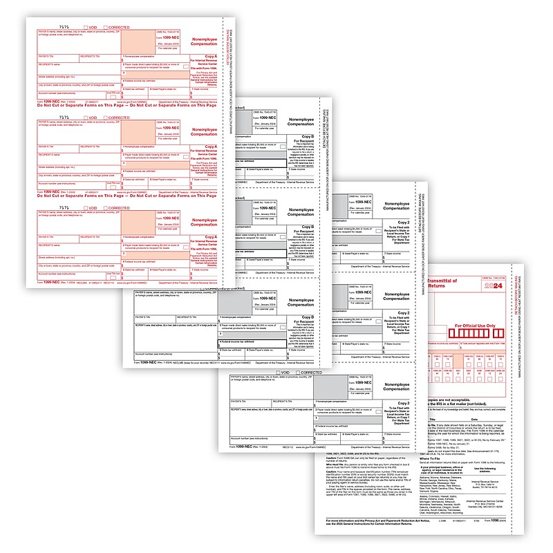 ComplyRight 2024 1099-NEC Tax Form, 3-Part, 3-Up, Copy A, B, C/2, 1096 Transmittal, 50/Pack (NEC6102) image 1