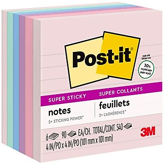 Post-it Recycled Super Sticky Notes, 4" x 4", Wanderlust Pastels Collection, Lined, 90 Sheets/Pad, 6 Pads/Pack (675-6SSNRP)