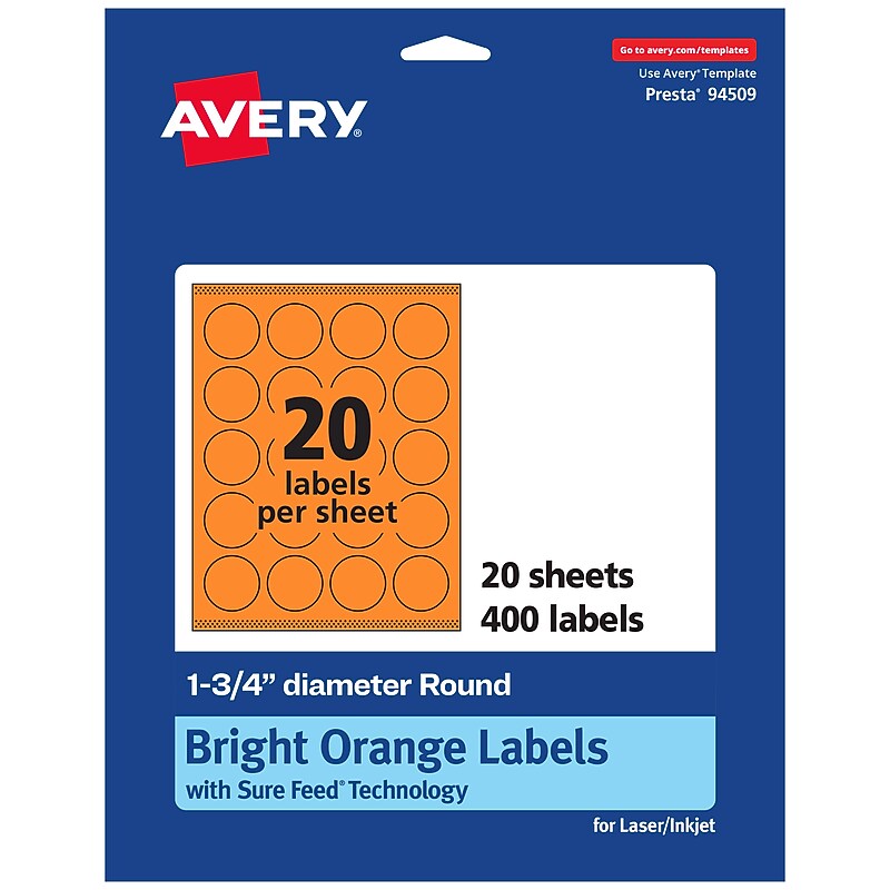 Avery Laser/Inkjet Multipurpose Circle Labels, 1.75" Dia., Bright Orange, 400/Pack (94509) image 1