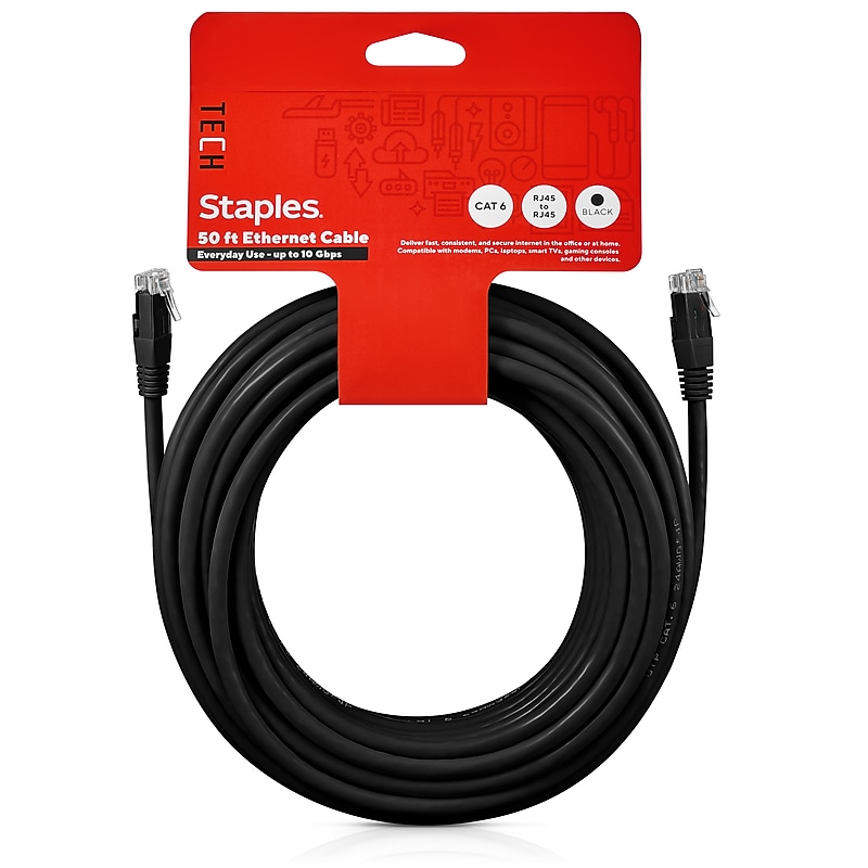 Staples TECH 50' Cat-6 Ethernet Cable, Male to Male, Black (ST62448) image 1