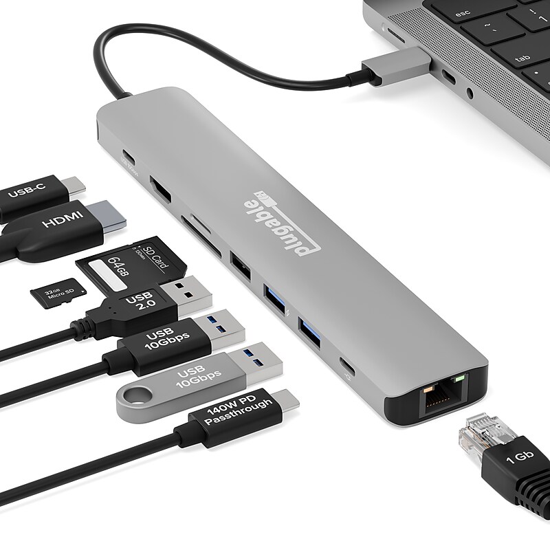 Plugable 9-Port USB-C Hub, Gray (USBC-9IN1E) image 1