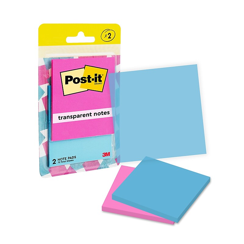 Post-it Transparent Super Sticky Pop-up Notes Combo Pack, 2" x 2", Pink/Blue, 36 Sheet/Pad, 2 Pads/Pack (600-2COL) image 1