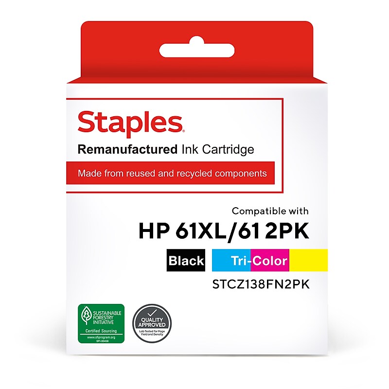 Staples Remanufactured Black High Yield and Tri-Color Standard Ink Cartridge Replacement for HP 61XL/61 (STCZ138FN2PK), 2/Pack image 1