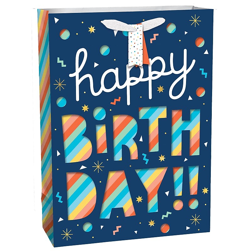 Party City Happy Birthday Rainbow Stripe Cutout Large Gift Bag, Multicolored (AM170807-NS) image 1