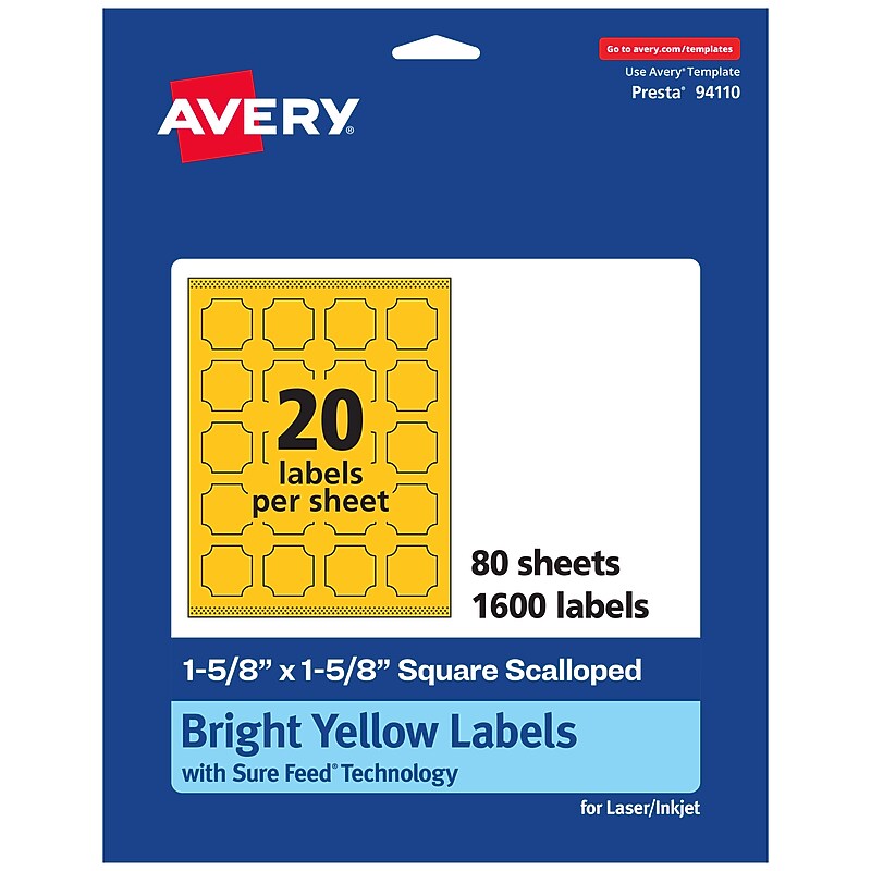 Avery Square Scalloped Laser/Inkjet Multipurpose Labels, 1-5/8" x 1-5/8", Bright Yellow (1600/Box) image 1