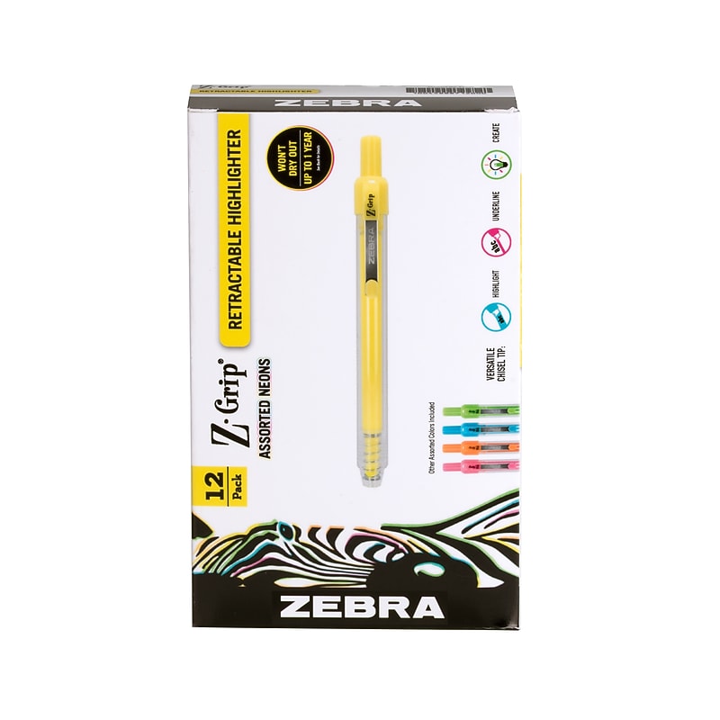Zebra Z-Grip Retractable Highlighter with Grip, Chisel Tip, Assorted, Dozen (71200) image 1