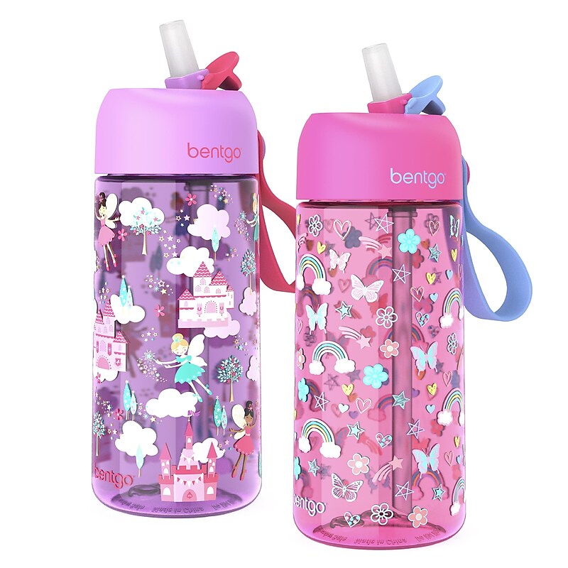 bentgo Plastic Water Bottle, 15 oz., Rainbows & Butterflies/Fairies, 2/Pack (BGKDWB2-2) image 1