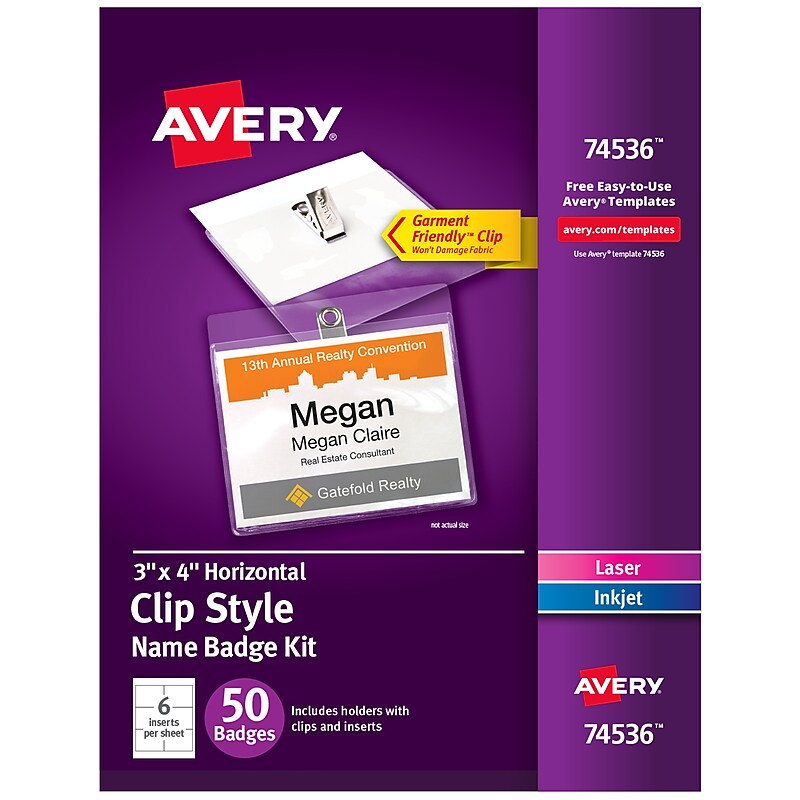 Avery Clip Style Laser/Inkjet Name Badge Kit, 3" x 4", Clear Holders with White Inserts, 50/Box (74536) image 1