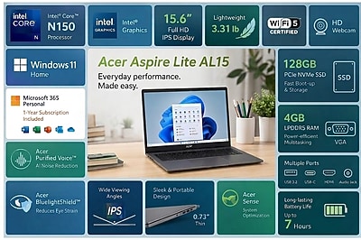 Acer Aspire Lite 15.6″ Student Laptop, Intel Core N150 (2025), 4GB RAM, 128GB SSD, Win 11 S, 1 Year of M365 Personal Included Sansujyuku sansujyuku.com