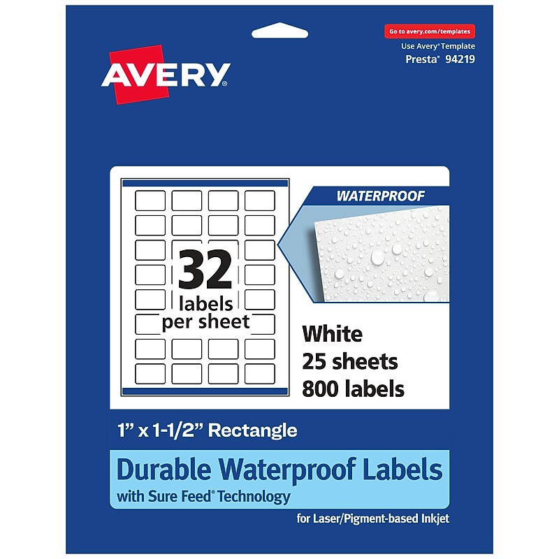 Avery Laser/Inkjet Waterproof Multipurpose Rectangle Labels, 1" x 1.5", White, 800 Labels/Pack (94219) image 1