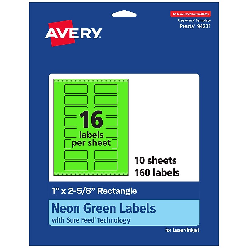 Avery Rectangle Multipurpose Labels, 1" x 2-5/8", Neon Green, 160/Pack (94201) image 1