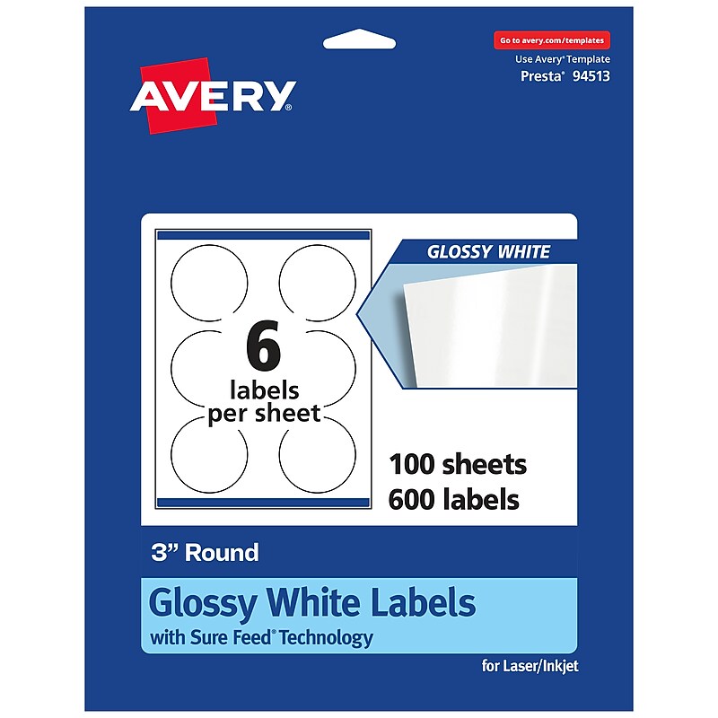 Avery Laser/Inkjet Round Multipurpose Labels, 3" Dia., White, 600 Labels/Box  (94513) image 1