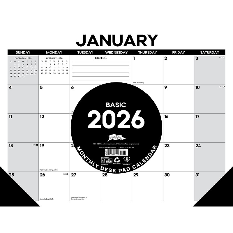 2026 Willow Creek Basic 22" x 17" Monthly Desk Pad Calendar, Black/White (57209) image 1