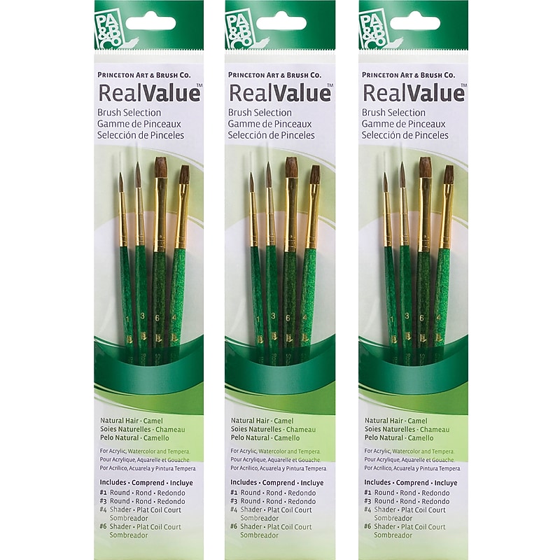 Princeton RealValue Short Handle Mixed Media Natural Camel Variety Brush Set, 4/Set, 3 Sets/Bundle (PBXPR9110-3) image 1
