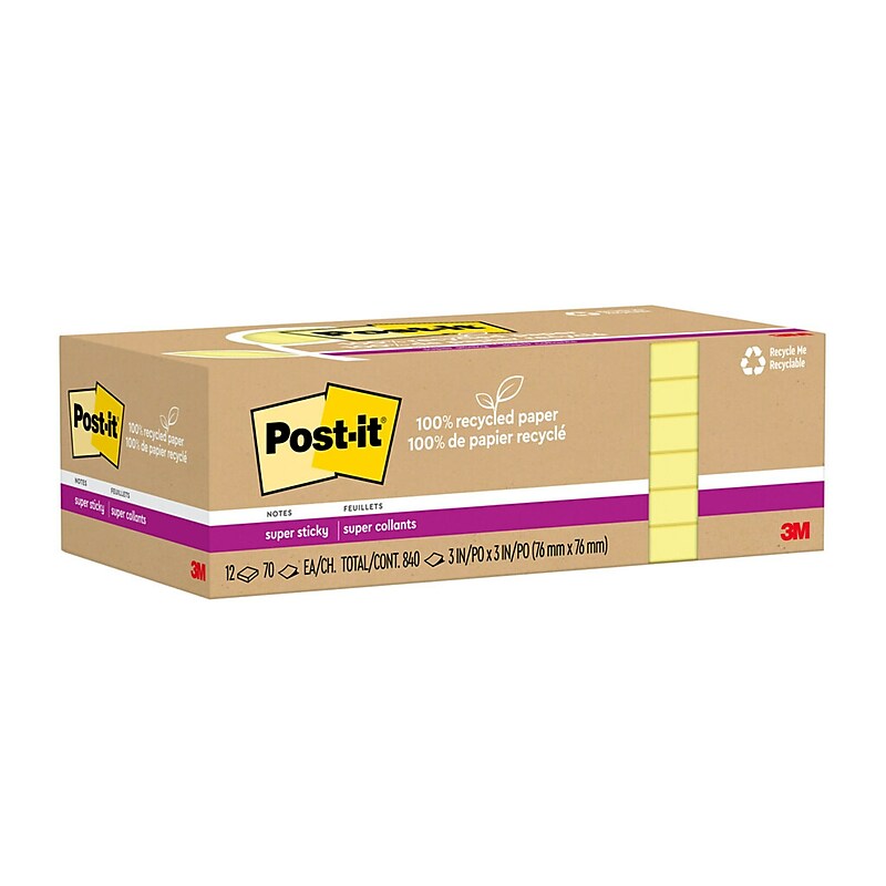 Post-it Recycled Super Sticky Notes, 3" x 3", Canary Collection, 70 Sheets/Pad, 12 Pads/Pack (654R-12SSCY) image 1
