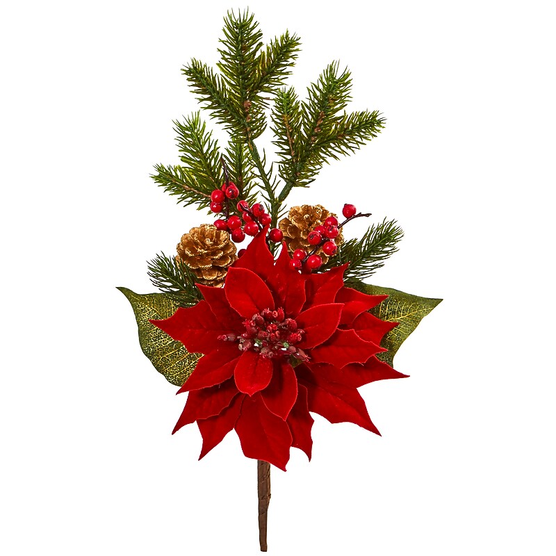 Nearly Natural Artificial Poinsettia, Berry and Pine Flower Bundle, 17", 6/Set (2241-S6) image 1