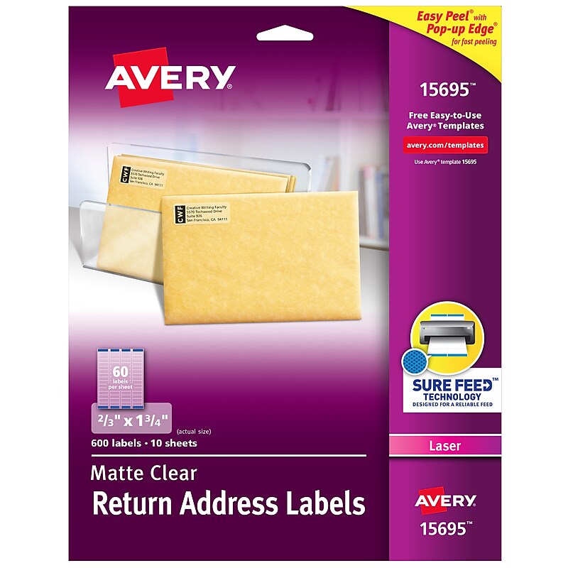 Avery Easy Peel Laser Return Address Labels, 2/3" x 1-3/4", Clear, 600 Labels/Pack (15695) image 1