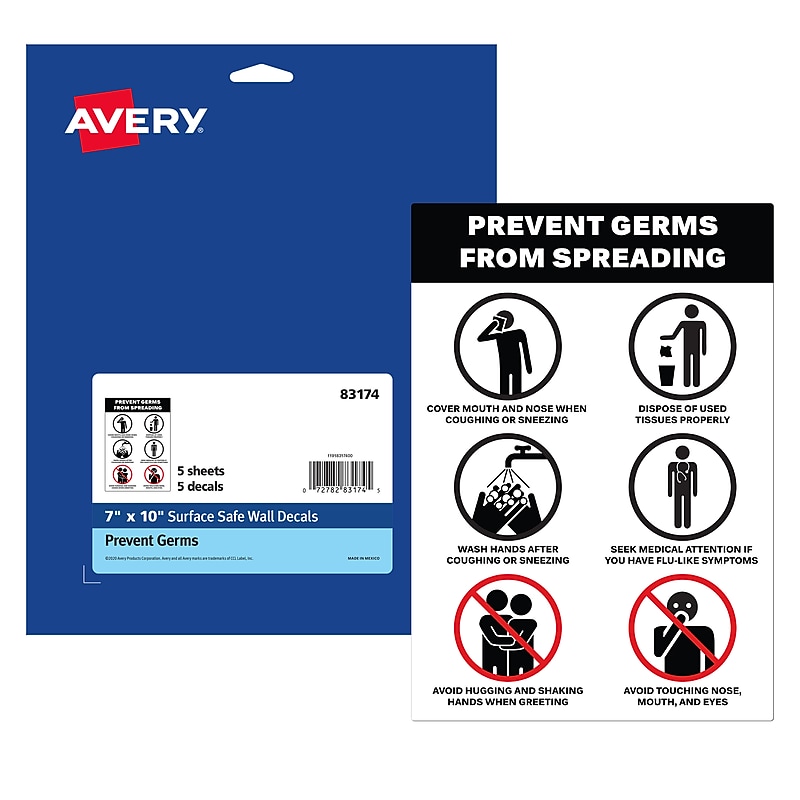 Avery Surface Safe "Prevent Germs from Spreading" Preprinted Wall Decals, 7" x 10", White/Black, 5/Pack (83174) image 1